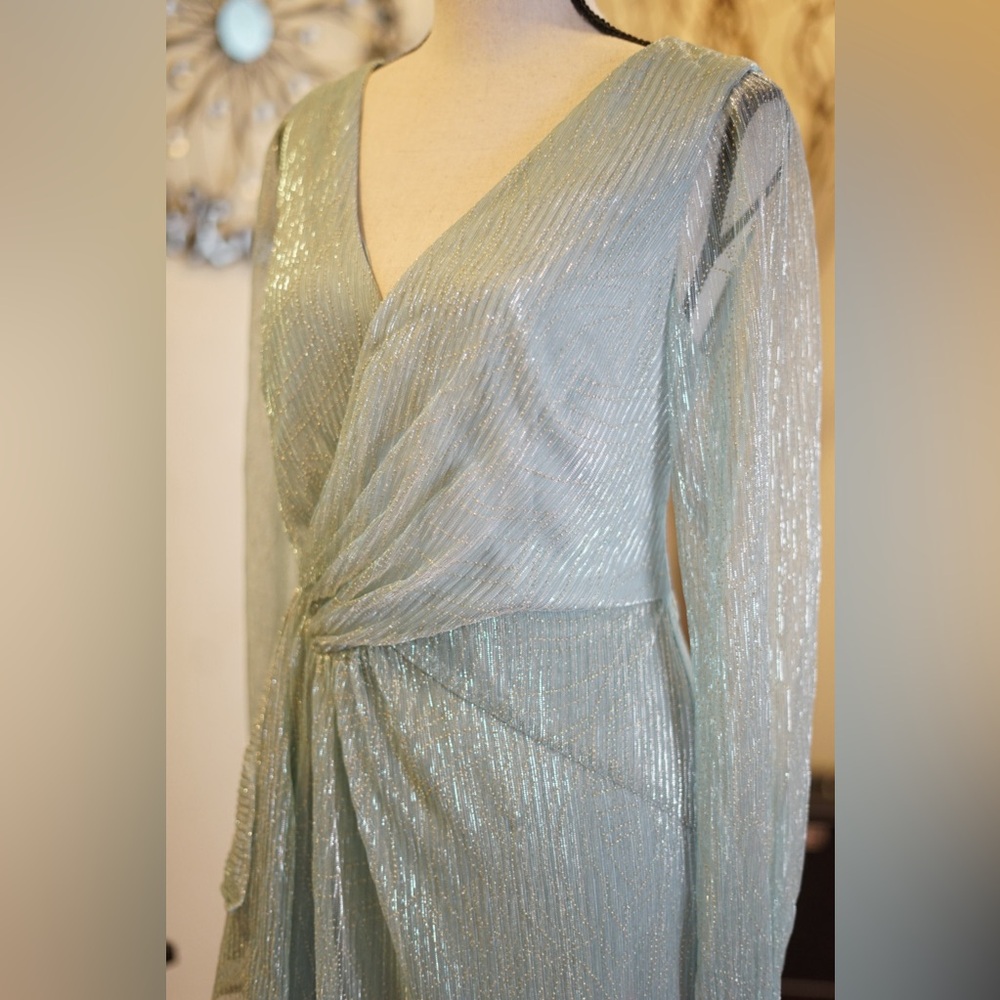 Adrianna Papell Shimmery Seafoam Long Sleeve Wrap Gown - Picture 4 of 6